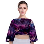 Landscape Landscape Painting Purple Purple Trees Tie Back Butterfly Sleeve Chiffon Top