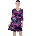 Landscape Landscape Painting Purple Purple Trees Quarter Sleeve Ruffle Waist Dress