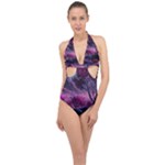 Landscape Landscape Painting Purple Purple Trees Halter Front Plunge Swimsuit