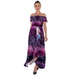 Landscape Landscape Painting Purple Purple Trees Off Shoulder Open Front Chiffon Dress