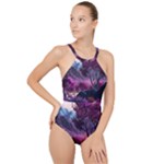 Landscape Landscape Painting Purple Purple Trees High Neck One Piece Swimsuit