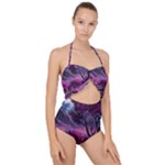 Landscape Landscape Painting Purple Purple Trees Scallop Top Cut Out Swimsuit