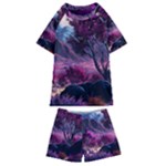 Landscape Landscape Painting Purple Purple Trees Kids  Swim Tee and Shorts Set