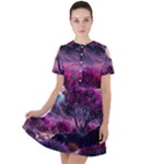 Landscape Landscape Painting Purple Purple Trees Short Sleeve Shoulder Cut Out Dress 