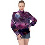 Landscape Landscape Painting Purple Purple Trees High Neck Long Sleeve Chiffon Top