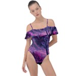 Landscape Landscape Painting Purple Purple Trees Frill Detail One Piece Swimsuit