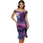 Landscape Landscape Painting Purple Purple Trees Off Shoulder Ruffle Split Hem Bodycon Dress