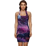 Landscape Landscape Painting Purple Purple Trees Sleeveless Wide Square Neckline Ruched Bodycon Dress