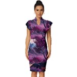 Landscape Landscape Painting Purple Purple Trees Vintage Frill Sleeve V-Neck Bodycon Dress