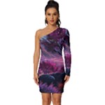 Landscape Landscape Painting Purple Purple Trees Long Sleeve One Shoulder Mini Dress