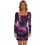 Landscape Landscape Painting Purple Purple Trees Long Sleeve Square Neck Bodycon Velour Dress