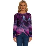 Landscape Landscape Painting Purple Purple Trees Long Sleeve Crew Neck Pullover Top