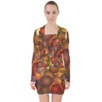 Flower Flora Decoration Pattern Drawing Floral V-neck Bodycon Long Sleeve Dress