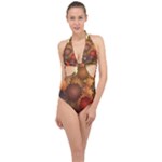 Flower Flora Decoration Pattern Drawing Floral Halter Front Plunge Swimsuit