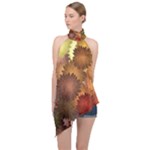 Flower Flora Decoration Pattern Drawing Floral Halter Asymmetric Satin Top