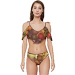 Flower Flora Decoration Pattern Drawing Floral Ruffle Edge Tie Up Bikini Set	