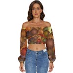 Flower Flora Decoration Pattern Drawing Floral Long Sleeve Crinkled Weave Crop Top