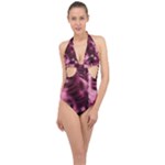 Flower Flora Decoration Pattern Drawing Leaves Halter Front Plunge Swimsuit