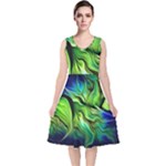 Fractal Art Pattern Abstract Fantasy Digital V-Neck Midi Sleeveless Dress 