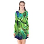 Fractal Art Pattern Abstract Fantasy Digital Long Sleeve V-neck Flare Dress