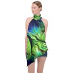 Fractal Art Pattern Abstract Fantasy Digital Halter Asymmetric Satin Top