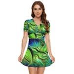 Fractal Art Pattern Abstract Fantasy Digital V-Neck High Waist Chiffon Mini Dress