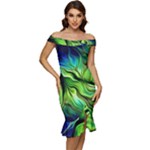 Fractal Art Pattern Abstract Fantasy Digital Off Shoulder Ruffle Split Hem Bodycon Dress