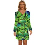 Fractal Art Pattern Abstract Fantasy Digital Long Sleeve Waist Tie Ruffle Velour Dress