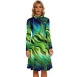 Fractal Art Pattern Abstract Fantasy Digital Long Sleeve Shirt Collar A-Line Dress