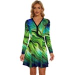 Fractal Art Pattern Abstract Fantasy Digital Long Sleeve Deep V Mini Dress 