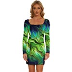 Fractal Art Pattern Abstract Fantasy Digital Long Sleeve Square Neck Bodycon Velour Dress