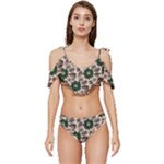 Floral Flower Spring Rose Watercolor Wreath Ruffle Edge Tie Up Bikini Set	