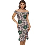 Floral Flower Spring Rose Watercolor Wreath Off Shoulder Ruffle Split Hem Bodycon Dress