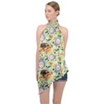 My Neighbor Totoro Pattern Halter Asymmetric Satin Top