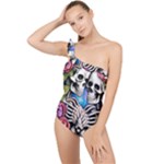 Floral Skeletons Frilly One Shoulder Swimsuit