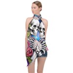 Floral Skeletons Halter Asymmetric Satin Top