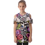 Floral Skeletons Fold Over Open Sleeve Top