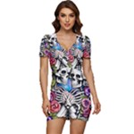 Floral Skeletons Low Cut Cap Sleeve Mini Dress