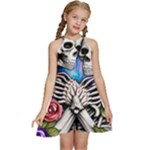 Floral Skeletons Kids  Halter Collar Waist Tie Chiffon Dress