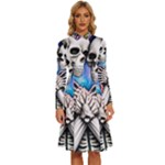 Floral Skeletons Long Sleeve Shirt Collar A-Line Dress