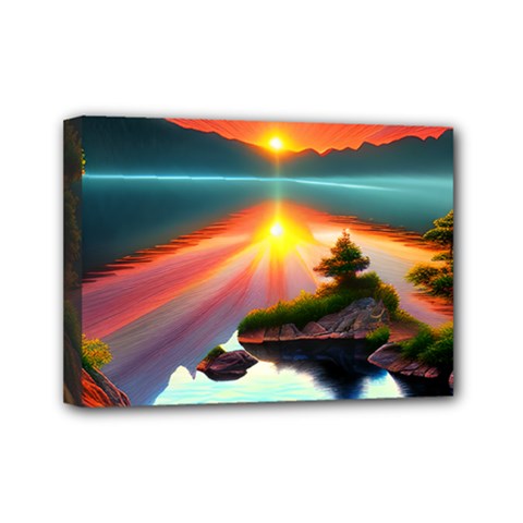 Sunset Over A Lake Mini Canvas 7  x 5  (Stretched) from ArtsNow.com