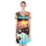 Sunset Over A Lake Short Sleeve V-neck Flare Dress