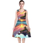 Sunset Over A Lake V-Neck Midi Sleeveless Dress 