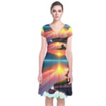 Sunset Over A Lake Short Sleeve Front Wrap Dress