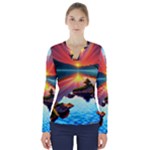 Sunset Over A Lake V-Neck Long Sleeve Top