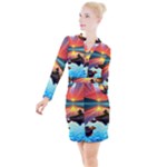 Sunset Over A Lake Button Long Sleeve Dress