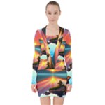 Sunset Over A Lake V-neck Bodycon Long Sleeve Dress