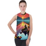 Sunset Over A Lake Mock Neck Chiffon Sleeveless Top