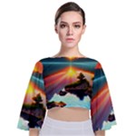 Sunset Over A Lake Tie Back Butterfly Sleeve Chiffon Top