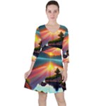 Sunset Over A Lake Quarter Sleeve Ruffle Waist Dress